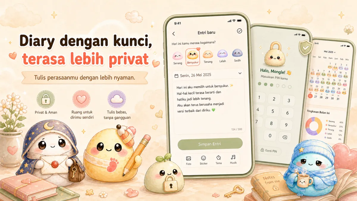 Ilustrasi diary rahasia di HP yang dilindungi dengan kunci aplikasi