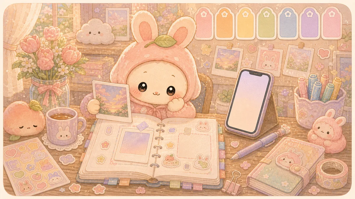Ilustrasi cara memakai foto di diary digital bergaya Mongle Haru