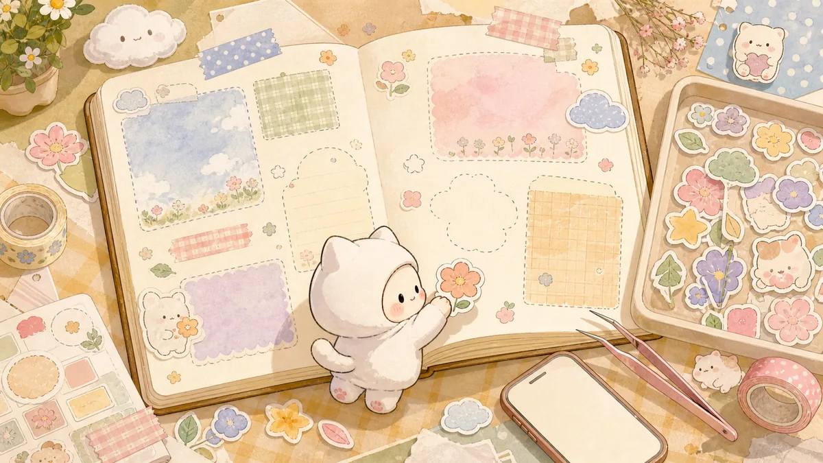 Ilustrasi cara mengatur halaman diary dengan stiker dengan suasana diary Mongle Haru