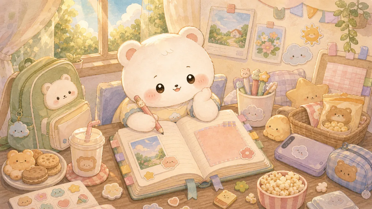 Ilustrasi diary saat libur sekolah bergaya curation banner Mongle Haru