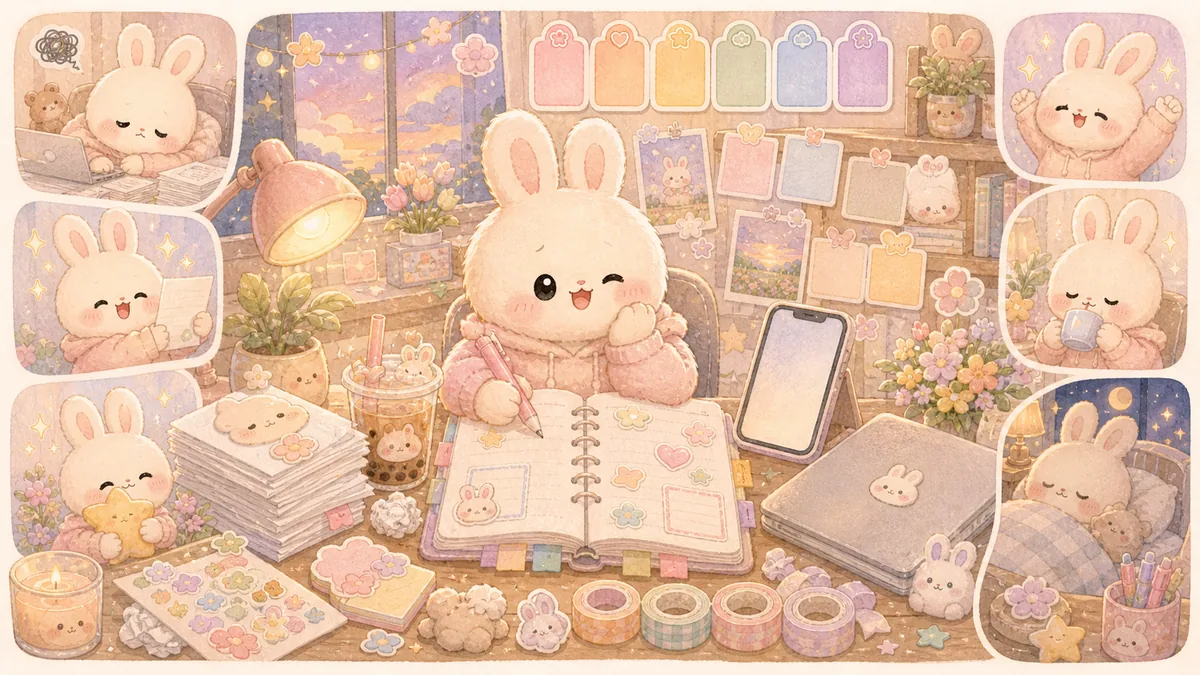 Ilustrasi diary setelah deadline tugas bergaya Mongle Haru