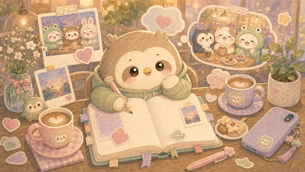 Ilustrasi diary setelah nongkrong bergaya curation banner Mongle Haru