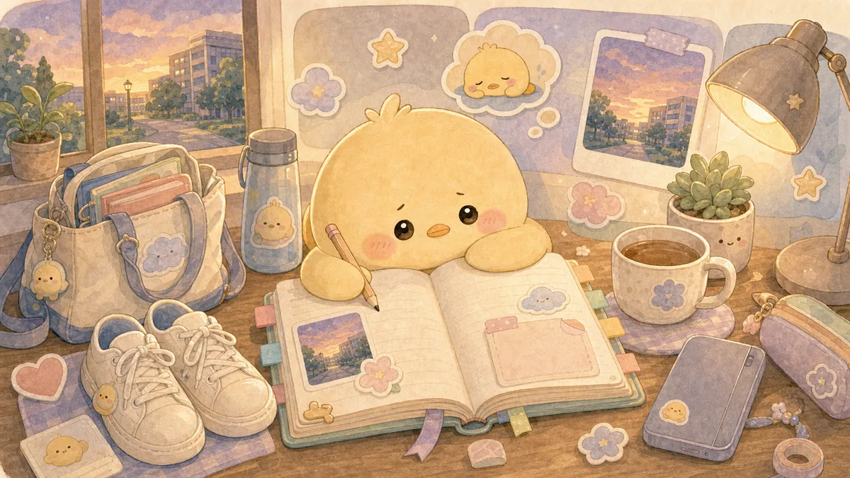 Ilustrasi diary setelah pulang kampus bergaya curation banner Mongle Haru