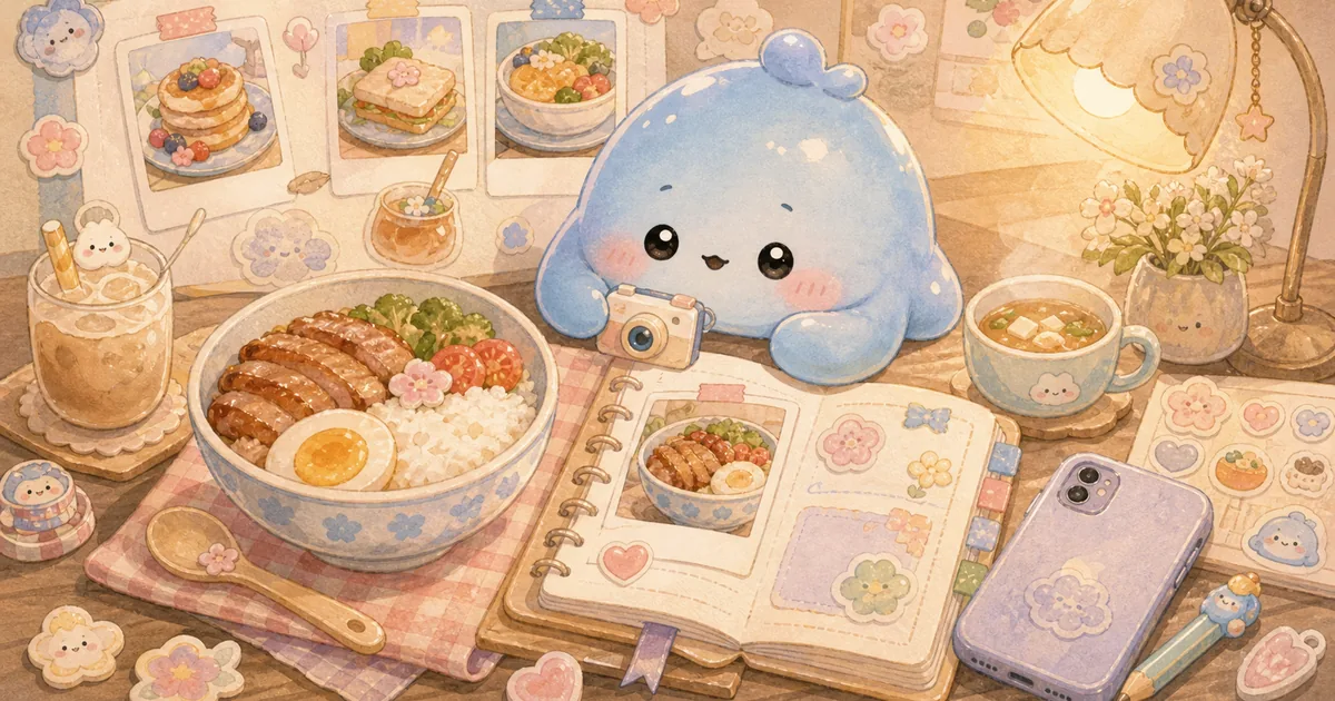 Thumbnail blog ide diary untuk foto makanan dengan ilustrasi Mongle Haru