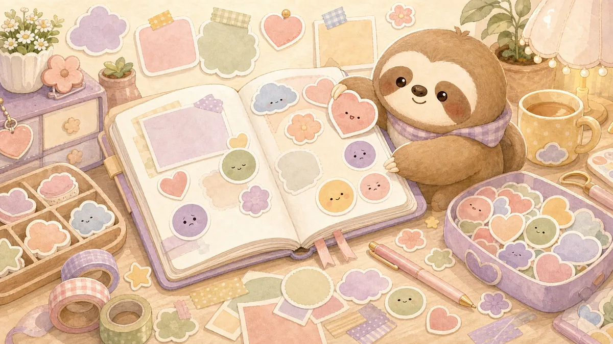 Ilustrasi ide stiker mood untuk diary bergaya curation banner Mongle Haru