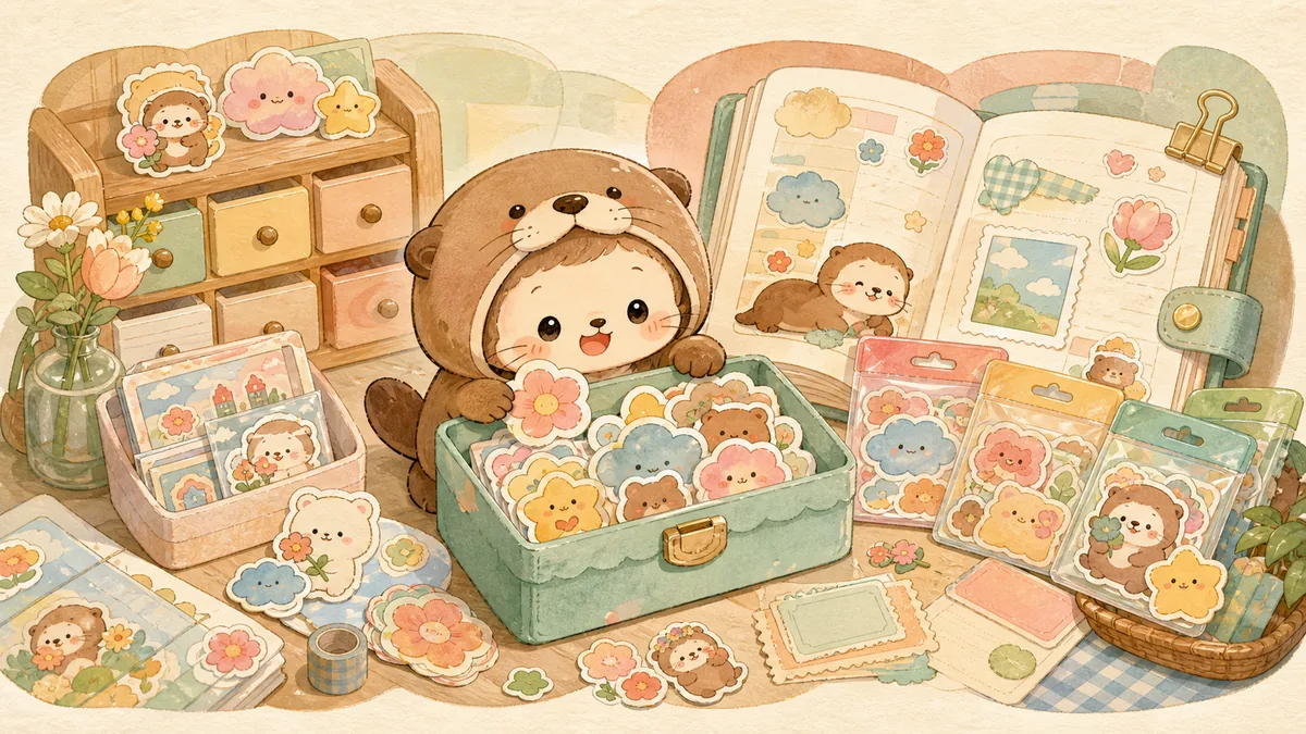 Ilustrasi koleksi stiker lucu untuk diary dengan suasana diary Mongle Haru