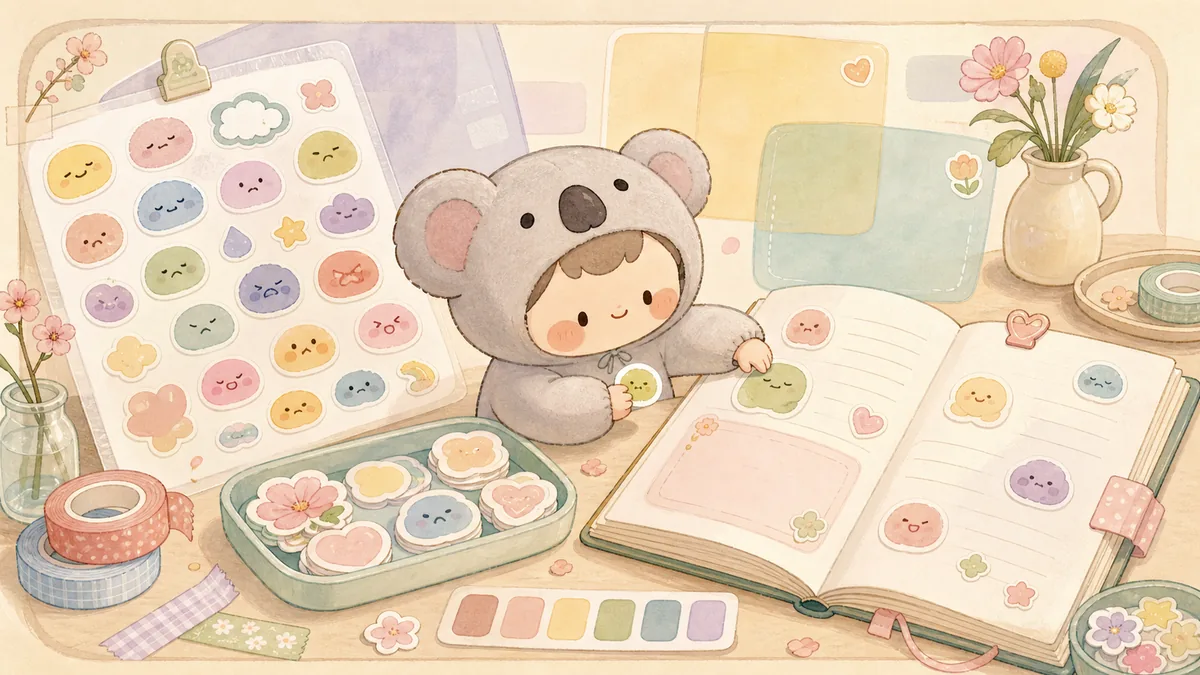 Ilustrasi kombinasi stiker mood diary dengan suasana diary Mongle Haru