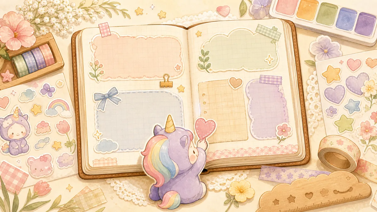 Ilustrasi layout diary aesthetic dengan stiker dengan suasana diary Mongle Haru