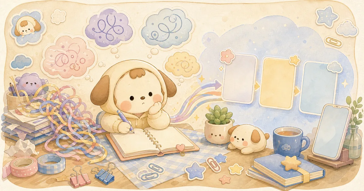 Thumbnail blog menulis diary saat banyak pikiran bergaya curation banner Mongle Haru