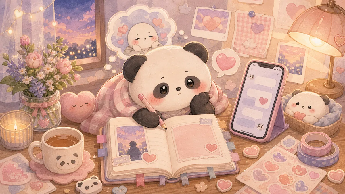 Ilustrasi menulis diary saat baper bergaya curation banner Mongle Haru