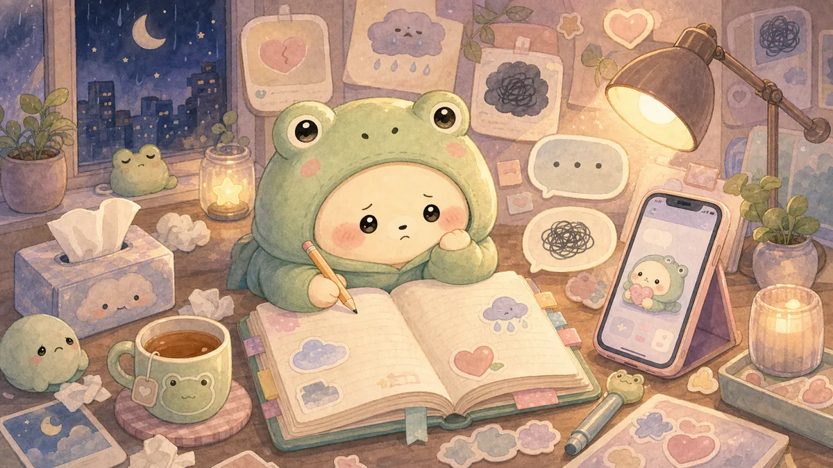 Ilustrasi menulis diary saat galau bergaya curation banner Mongle Haru
