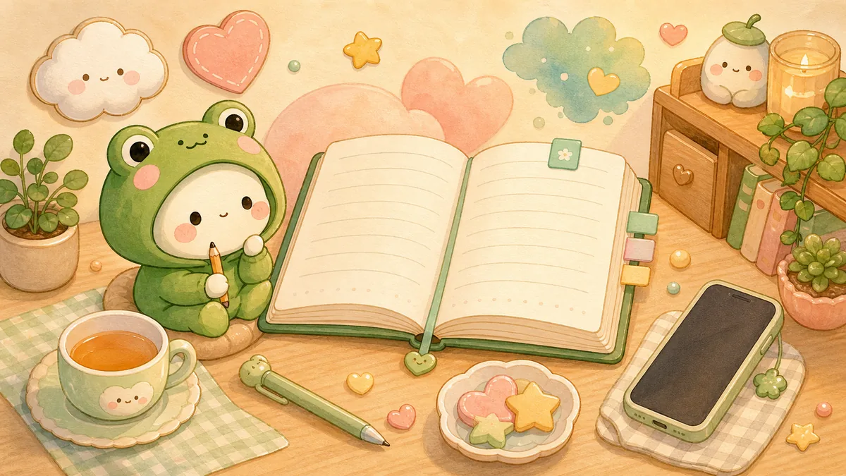 Ilustrasi menulis diary saat gugup dengan suasana diary Mongle Haru