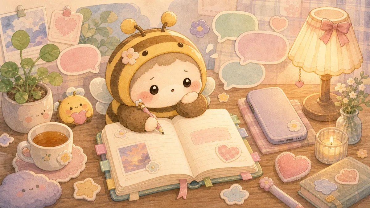 Ilustrasi menulis diary saat ingin curhat bergaya curation banner Mongle Haru