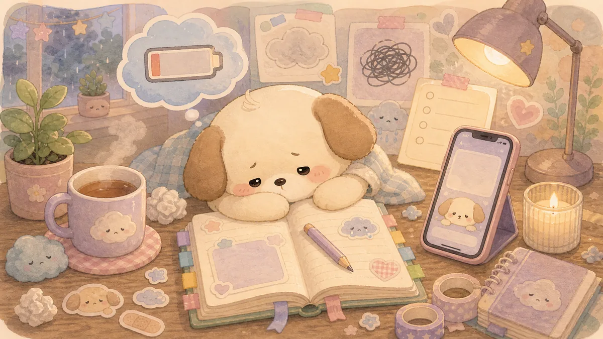 Ilustrasi menulis diary saat kehilangan motivasi bergaya curation banner Mongle Haru