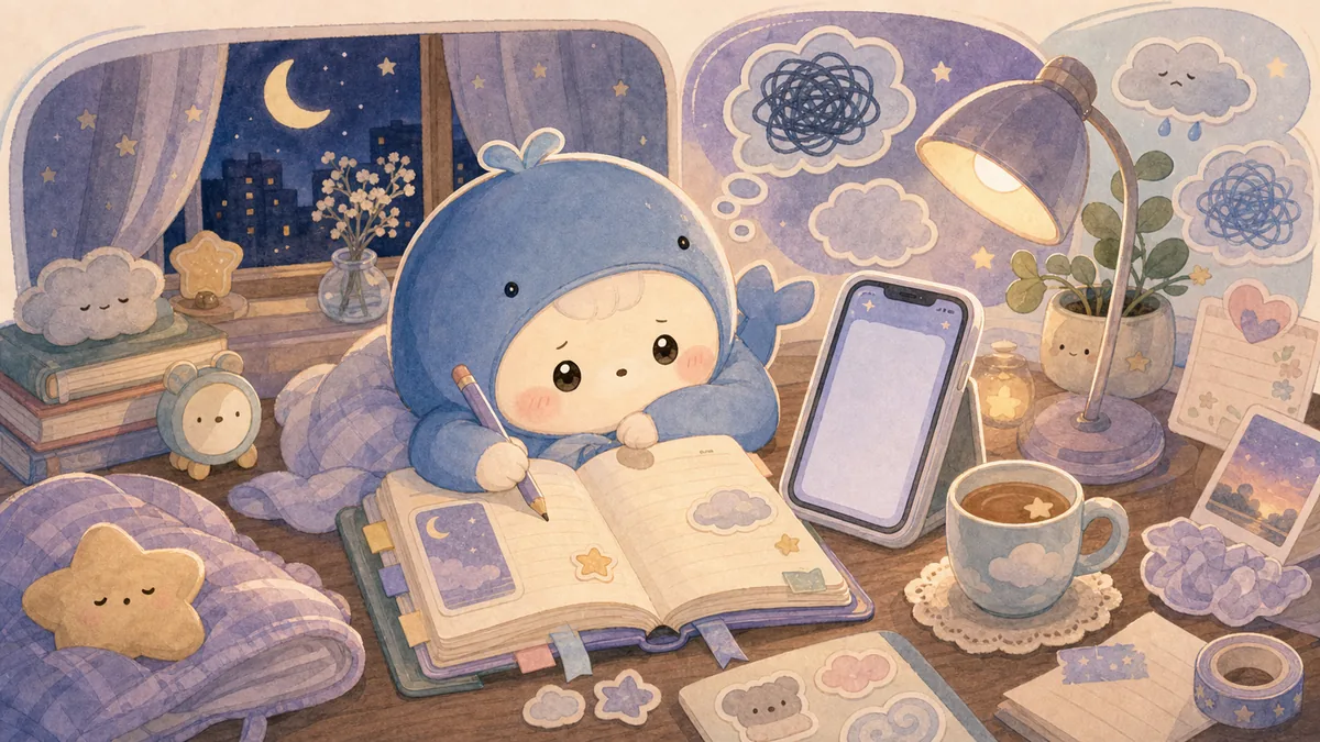 Ilustrasi menulis diary saat overthinking malam bergaya curation banner Mongle Haru