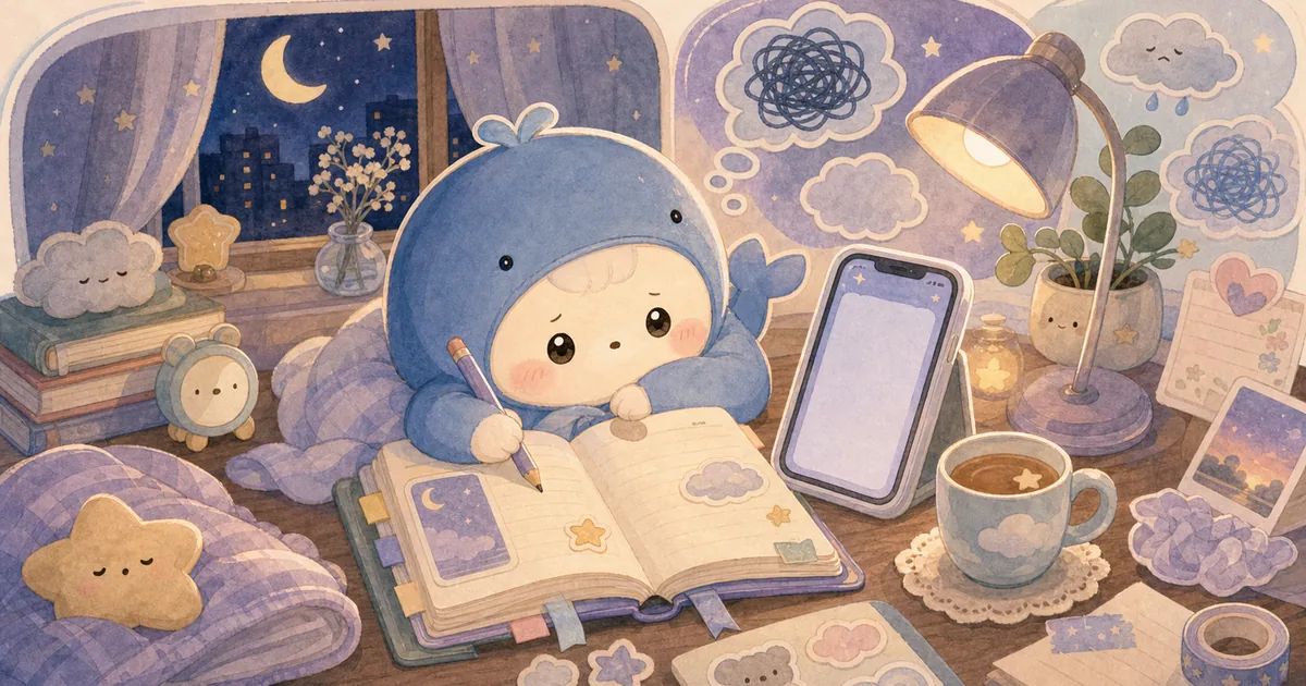 Thumbnail blog menulis diary saat overthinking malam dengan ilustrasi Mongle Haru