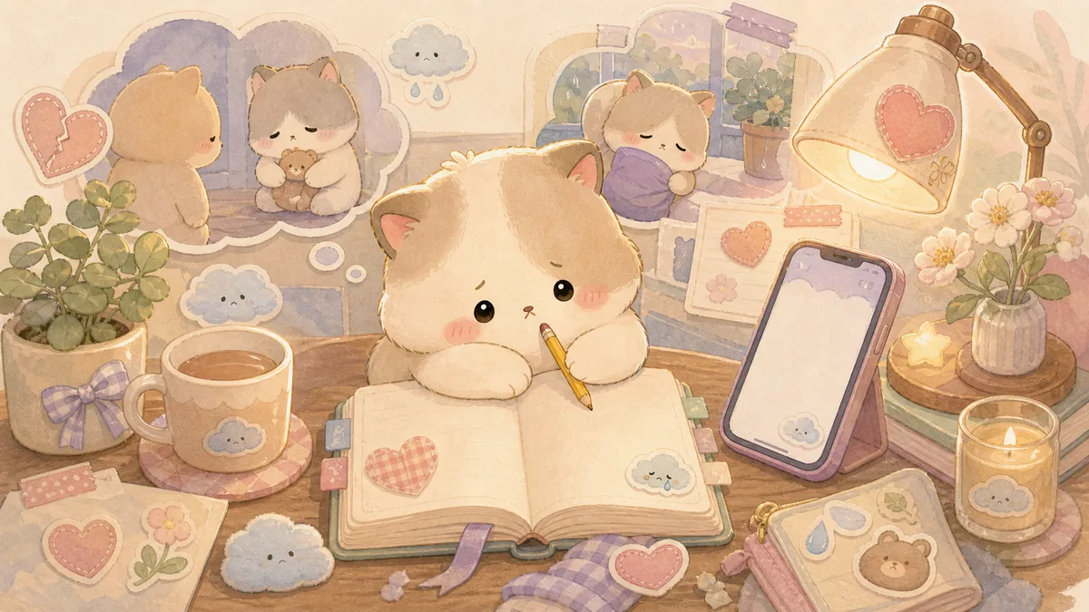 Ilustrasi menulis diary saat rasa bersalah bergaya curation banner Mongle Haru