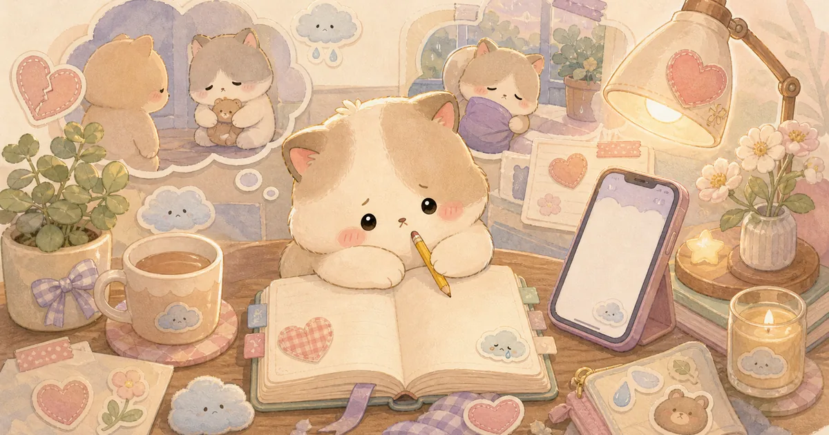 Thumbnail blog menulis diary saat rasa bersalah dengan ilustrasi Mongle Haru