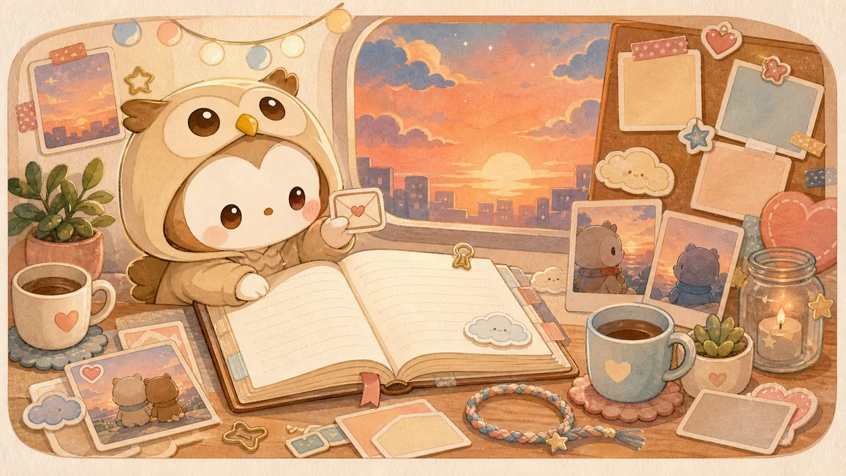 Ilustrasi menulis diary saat rindu teman dengan suasana diary Mongle Haru