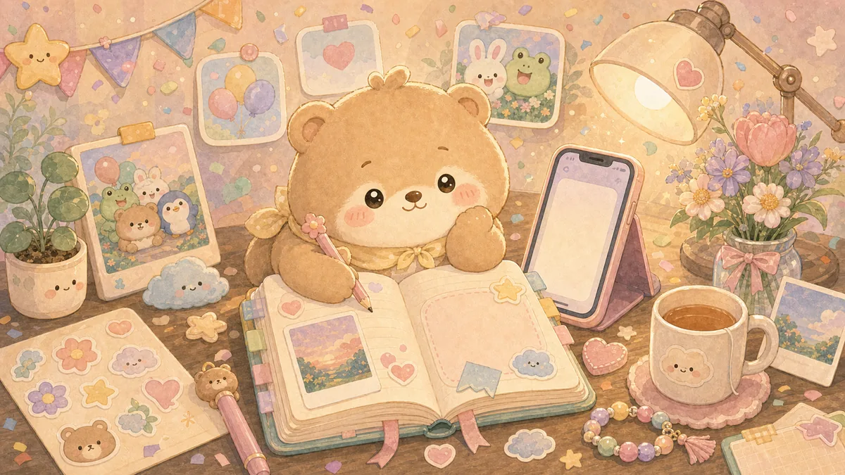 Ilustrasi menulis diary saat senang bergaya curation banner Mongle Haru