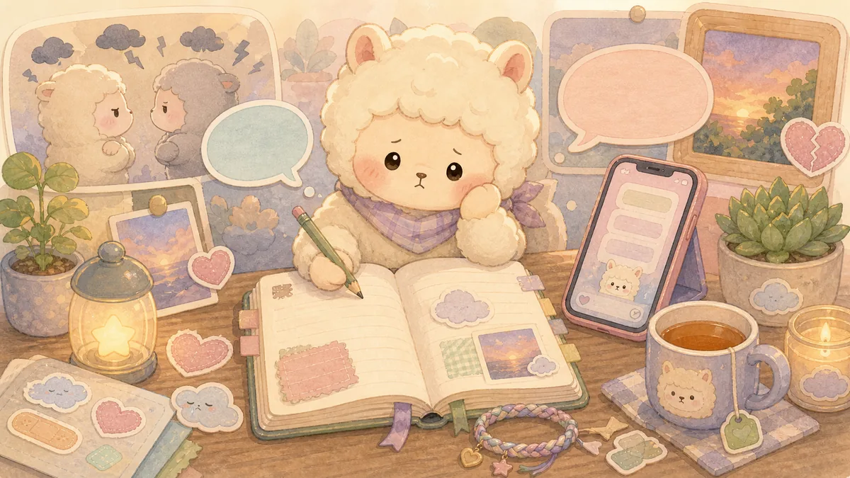 Ilustrasi menulis diary setelah bertengkar dengan teman bergaya curation banner Mongle Haru