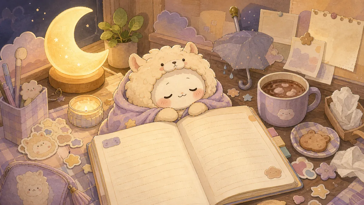 Ilustrasi menulis diary setelah hari berat dengan suasana diary Mongle Haru