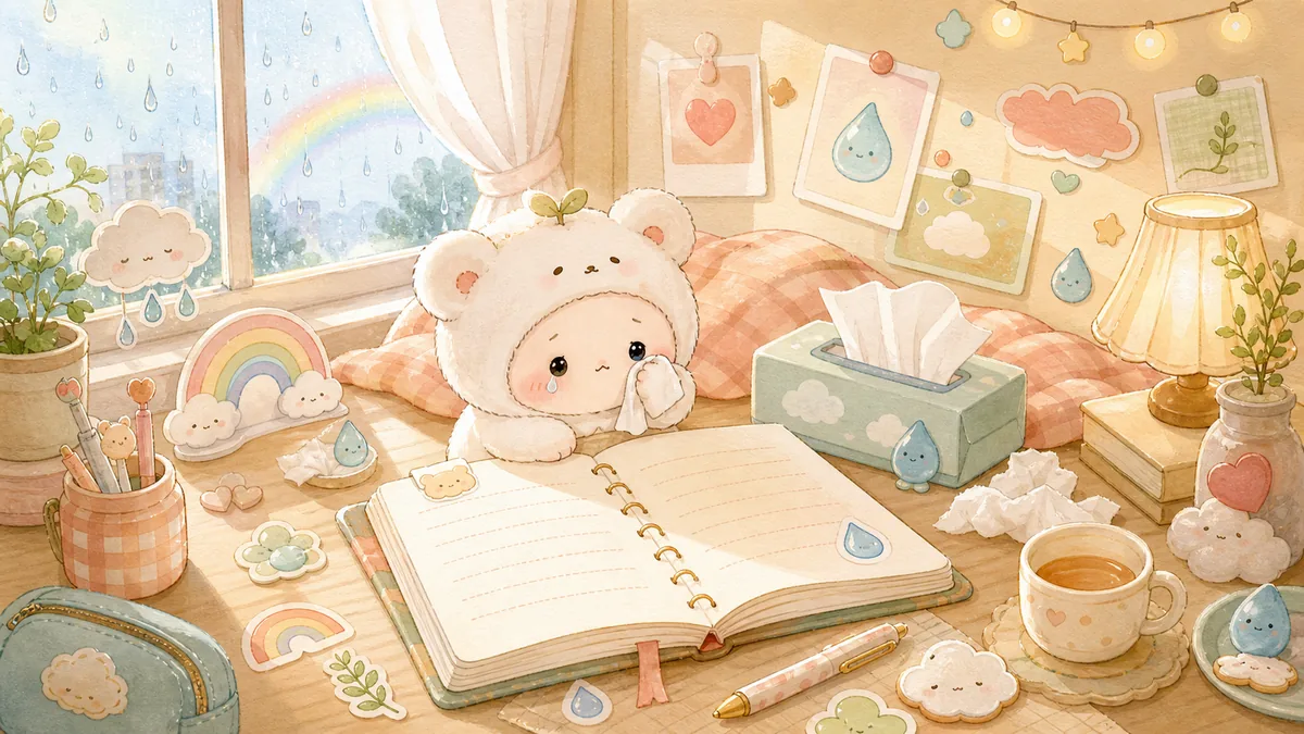 Ilustrasi menulis diary setelah menangis dengan suasana diary Mongle Haru