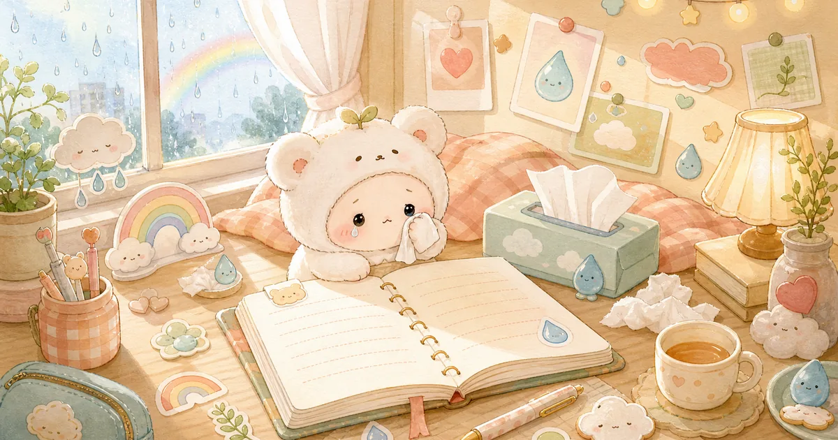 Thumbnail blog menulis diary setelah menangis bergaya curation banner Mongle Haru