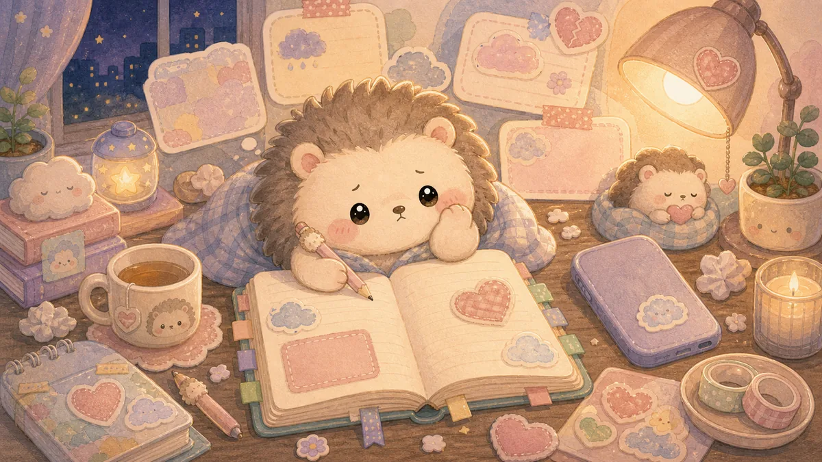 Ilustrasi prompt diary saat galau bergaya curation banner Mongle Haru