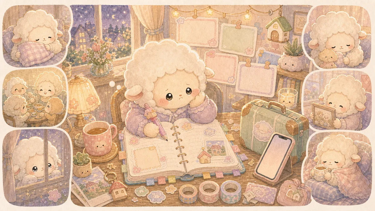 Ilustrasi prompt diary saat rindu rumah bergaya Mongle Haru