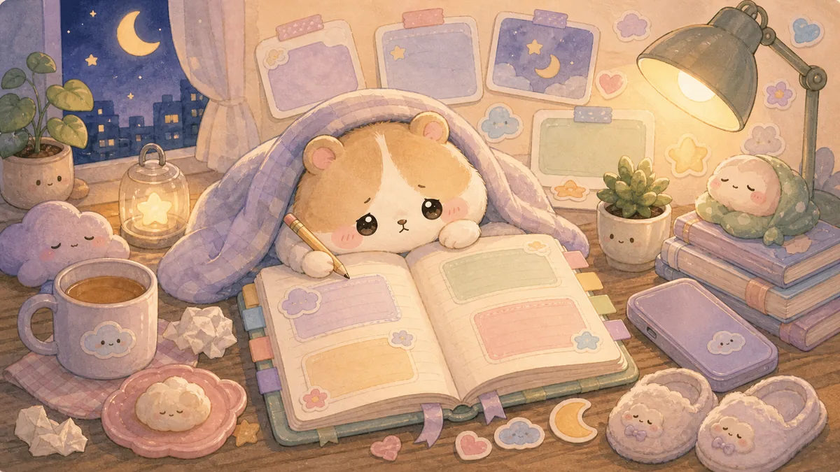 Ilustrasi prompt diary setelah hari melelahkan bergaya curation banner Mongle Haru
