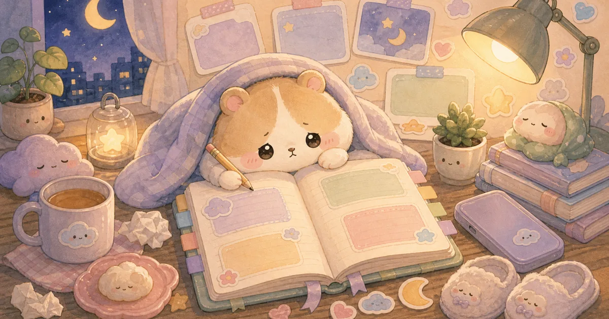 Thumbnail blog prompt diary setelah hari melelahkan dengan ilustrasi Mongle Haru