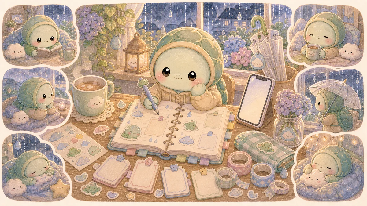 Ilustrasi prompt diary untuk hari hujan bergaya Mongle Haru