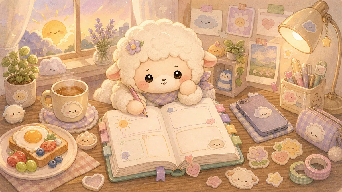 Ilustrasi template diary pagi bergaya curation banner Mongle Haru