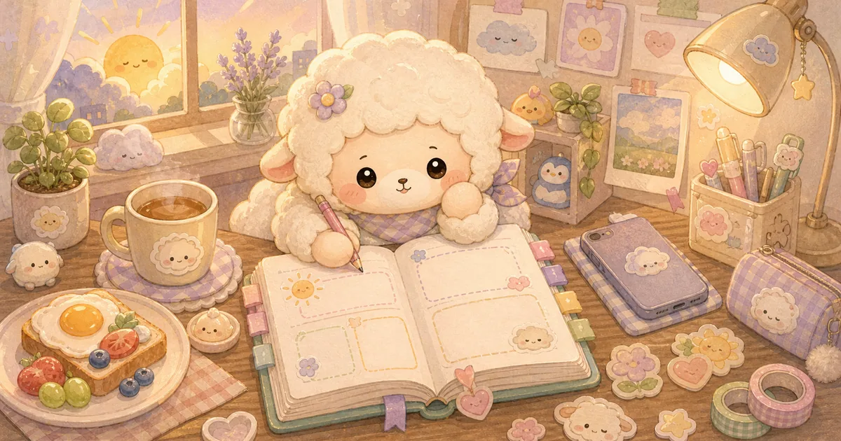 Thumbnail blog template diary pagi dengan ilustrasi Mongle Haru