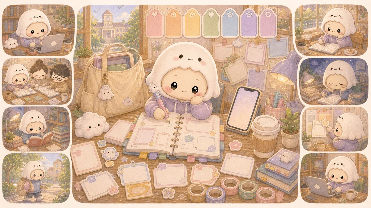 Ilustrasi template diary untuk mahasiswa bergaya Mongle Haru