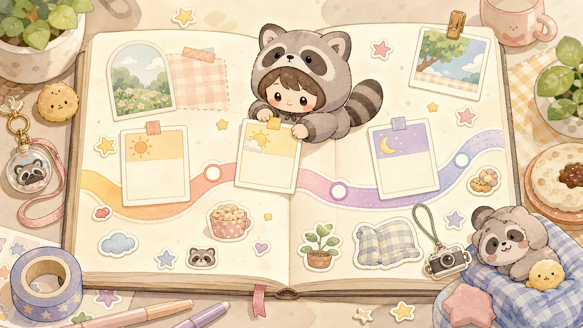 Ilustrasi timeline diary akhir pekan dengan suasana diary Mongle Haru