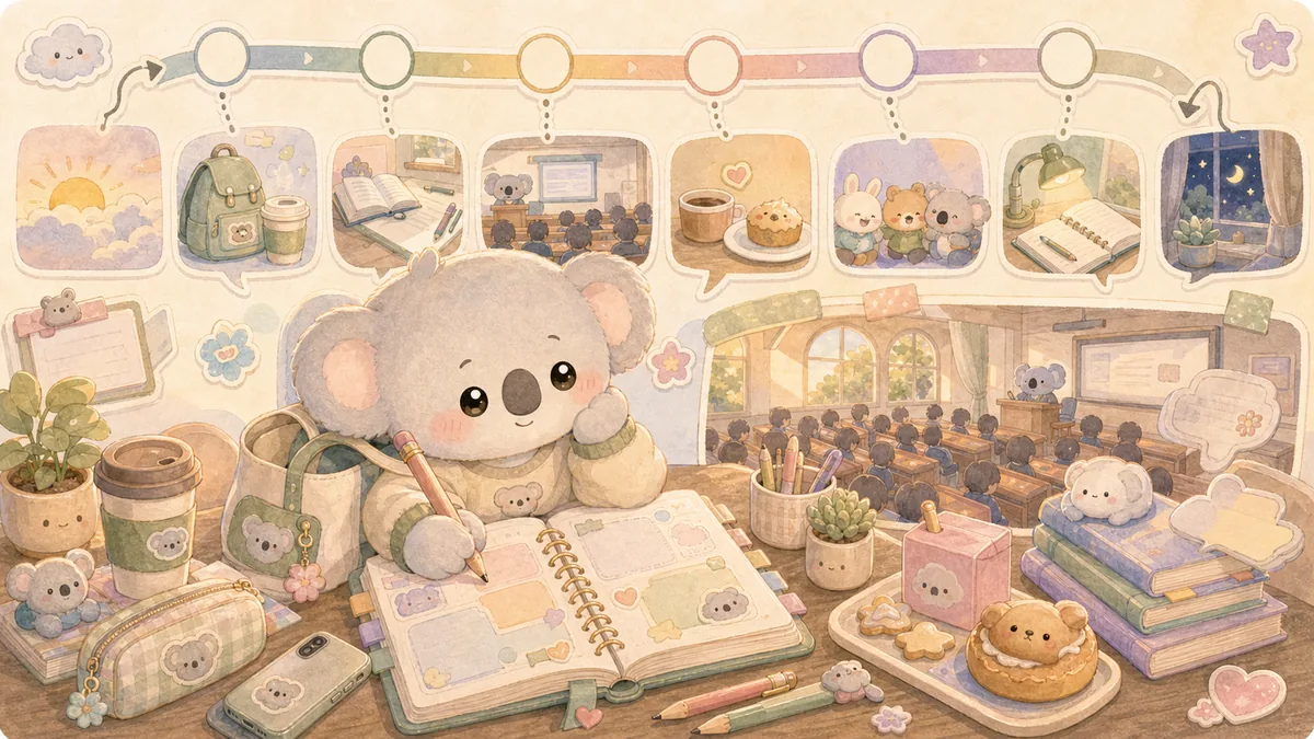Ilustrasi timeline diary hari kampus bergaya curation banner Mongle Haru