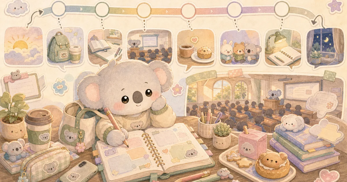 Thumbnail blog timeline diary hari kampus dengan ilustrasi Mongle Haru