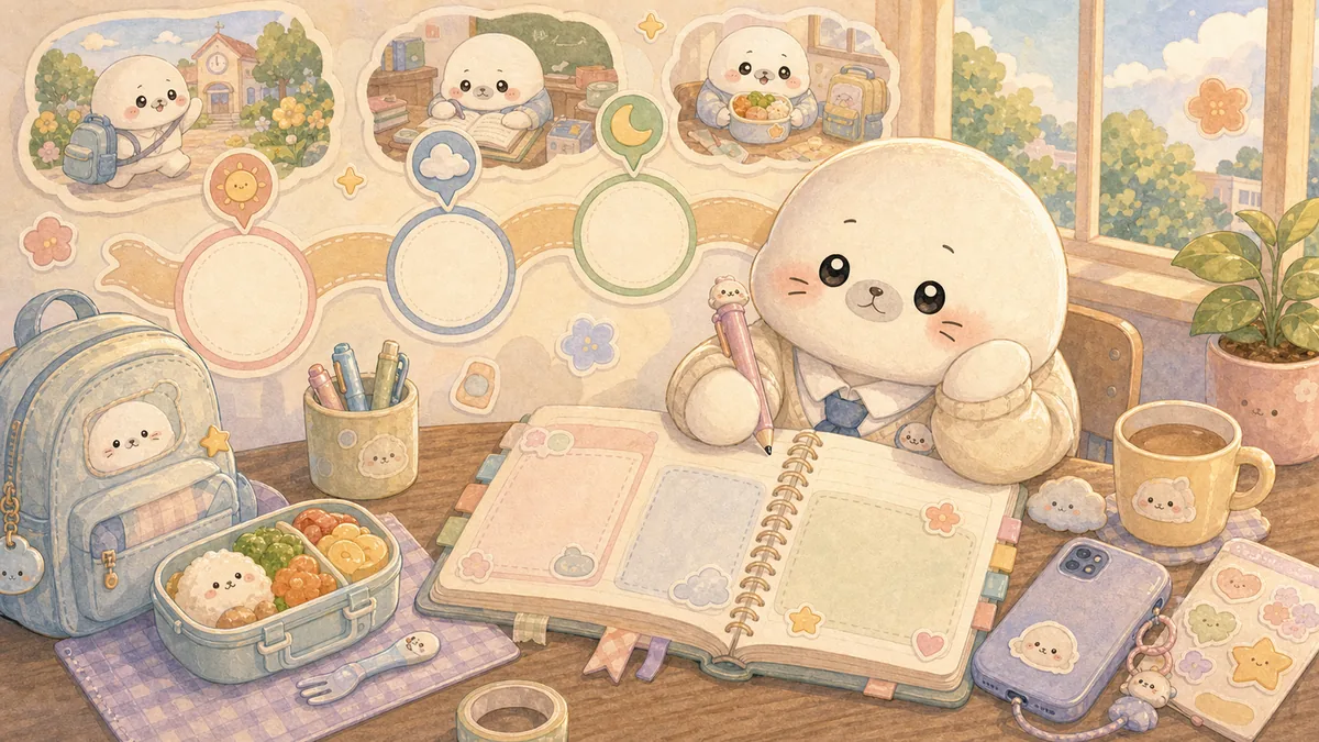 Ilustrasi timeline diary hari sekolah bergaya curation banner Mongle Haru
