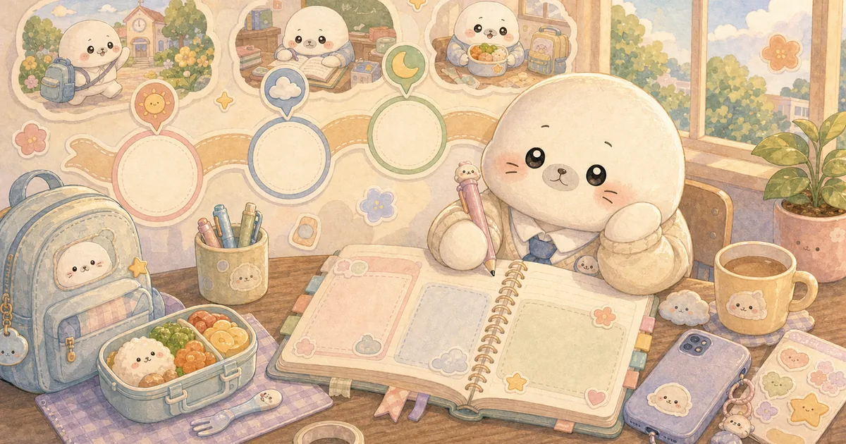 Thumbnail blog timeline diary hari sekolah dengan ilustrasi Mongle Haru