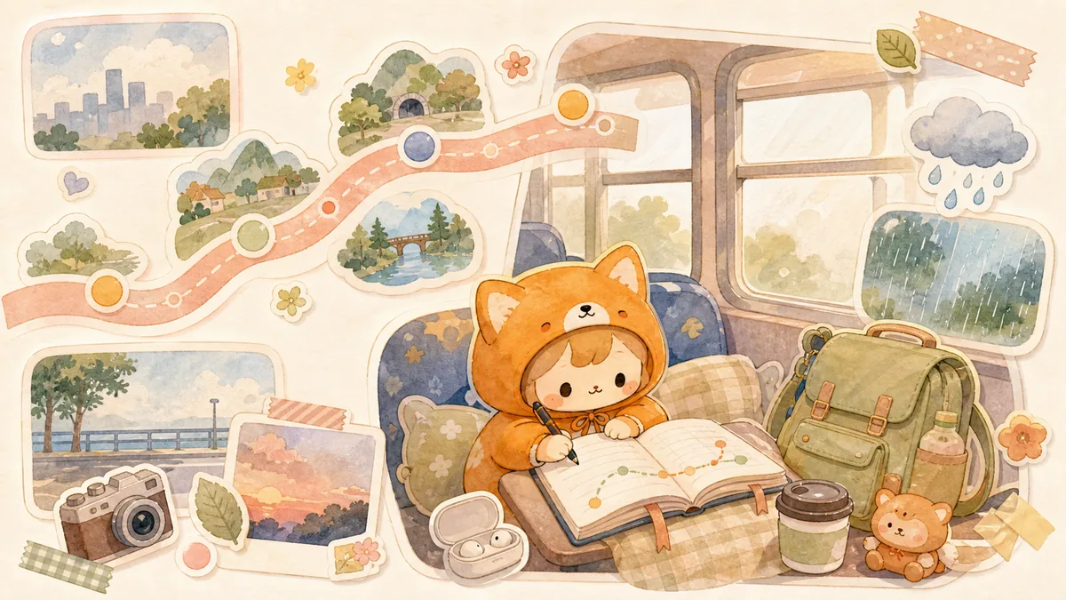 Ilustrasi timeline diary perjalanan pulang dengan suasana diary Mongle Haru