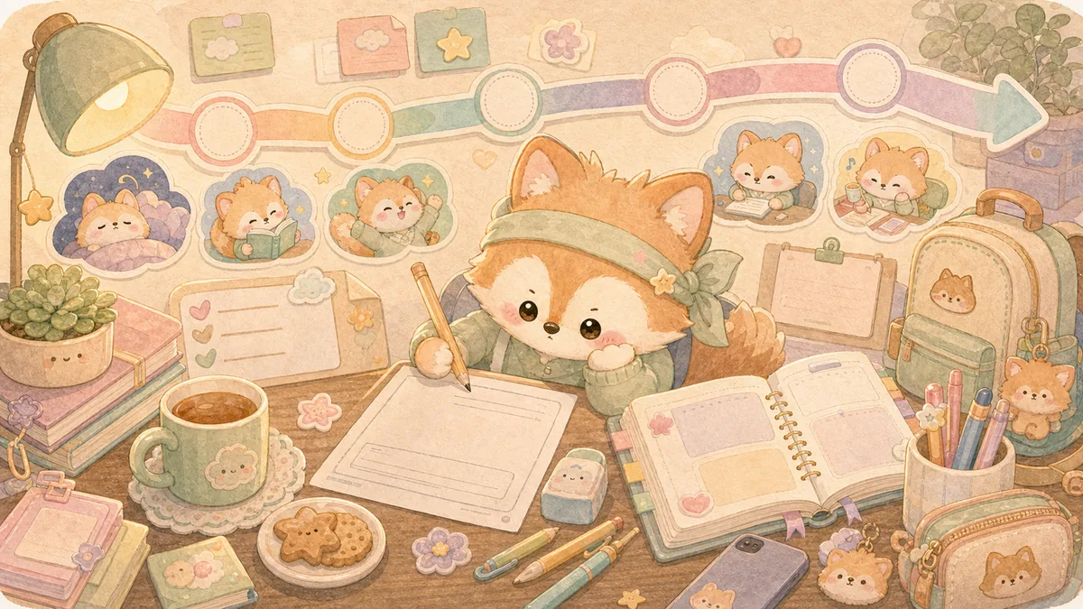 Ilustrasi timeline diary saat ujian bergaya curation banner Mongle Haru