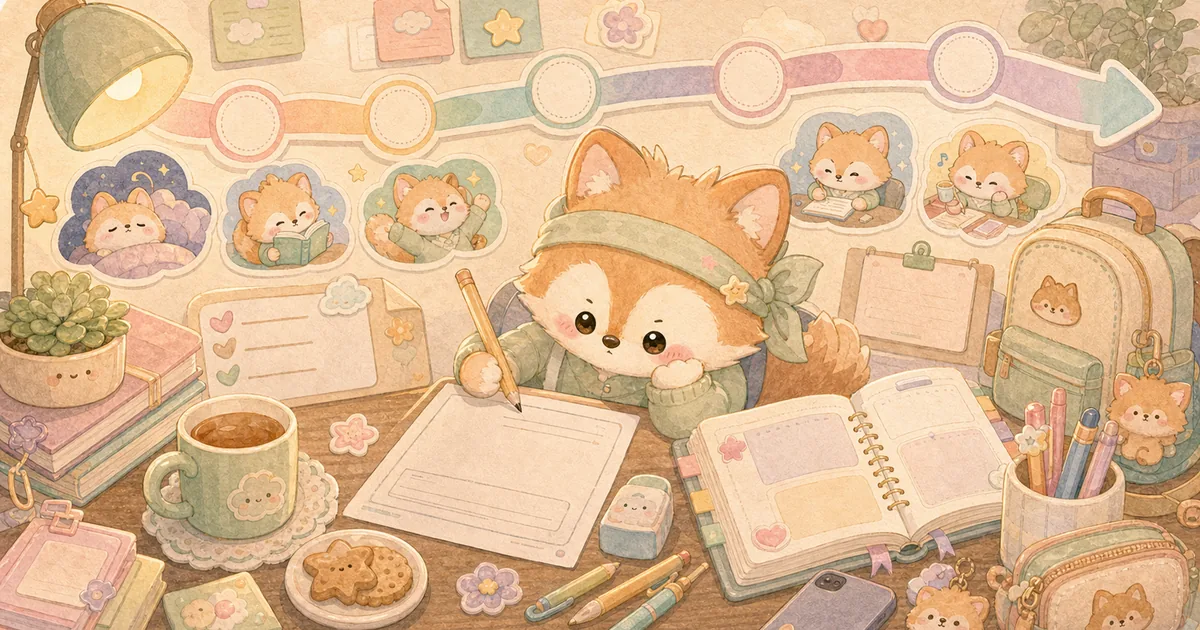 Thumbnail blog timeline diary saat ujian dengan ilustrasi Mongle Haru
