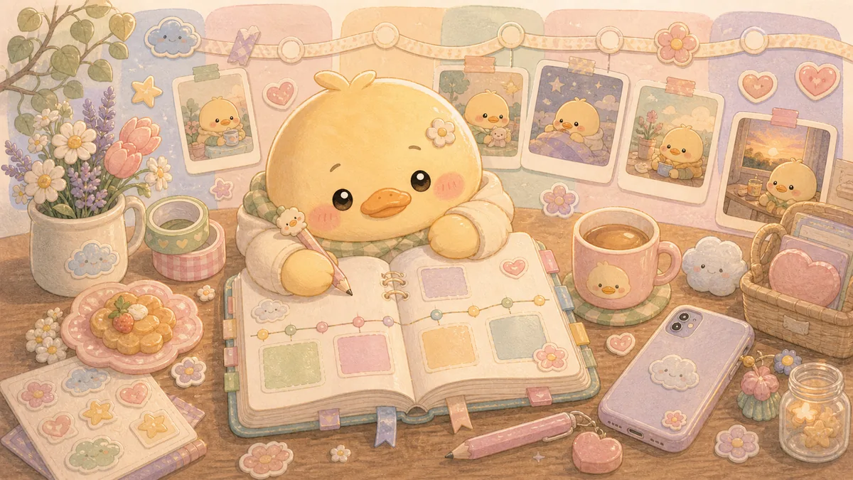 Ilustrasi timeline diary untuk momen kecil bergaya curation banner Mongle Haru