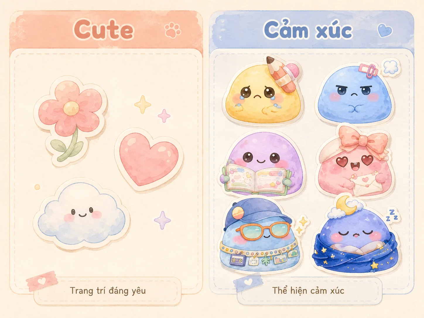 Sticker cute và sticker cảm xúc dùng vừa đủ trong bullet journal tháng