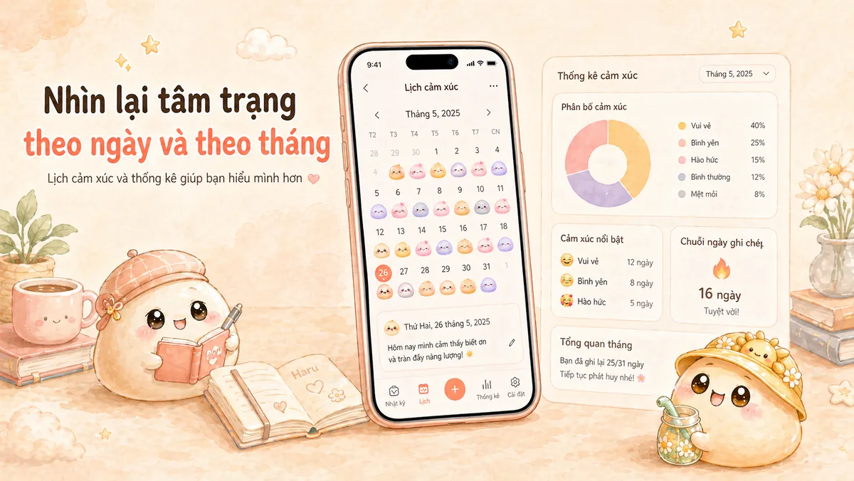 Xem lại lịch tâm trạng và biểu đồ tâm trạng trong app viết nhật ký riêng tư Mongle Haru