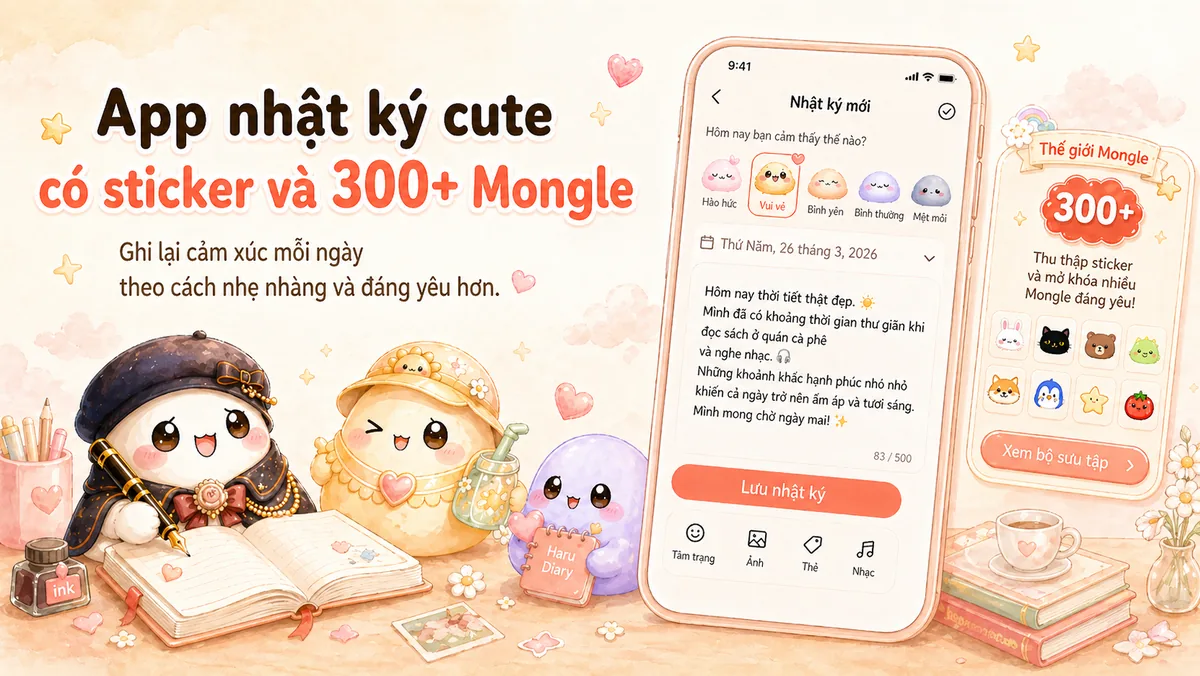 App nhật ký cute Mongle Haru với sticker cảm xúc và bộ sưu tập Mongle
