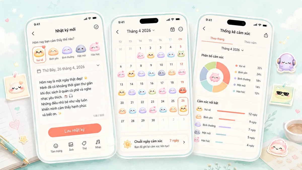 App theo dõi tâm trạng Mongle Haru với sticker cảm xúc và lịch tâm trạng