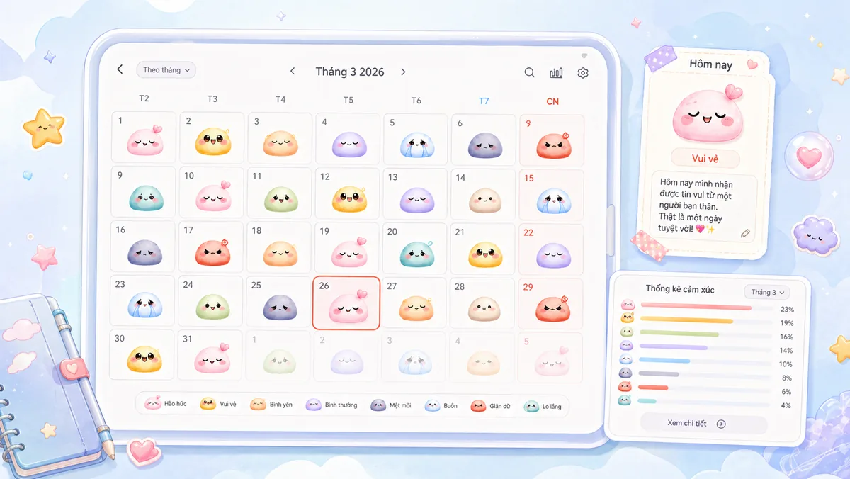 Lịch tâm trạng trong app theo dõi tâm trạng Mongle Haru